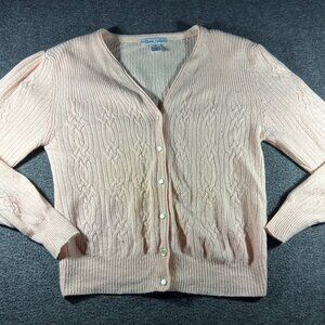 Vtg David Hollis Cable-Knit Pink Pearl Button Lambswool Angora Cardigan Sweater